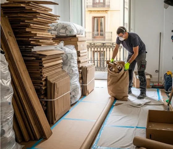 Conductor de ClickFurgo preparando material de embalaje en un piso de Barcelona