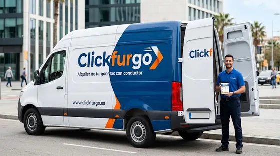 Furgoneta ClickFurgo rotulada con conductor profesional en Barcelona
